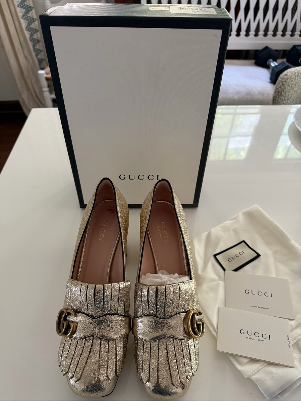 Gucci Galassia Platino Metallic Gold Fringe Leather Platform Pumps